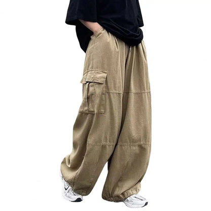 Trendy Cargo Pants Four Seasons Men Pants Elastic Waist Drawcord Leg Opening Pants Streetwear Khaki