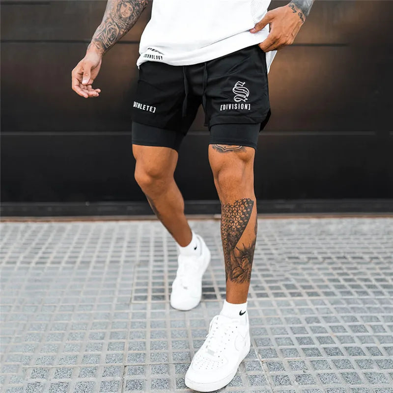 NEW 2 IN 1 Sport Running Casual Breathable Shorts Men Double-deck Jogging Quick Dry GYM Shorts Fitness Workout Men Shorts black