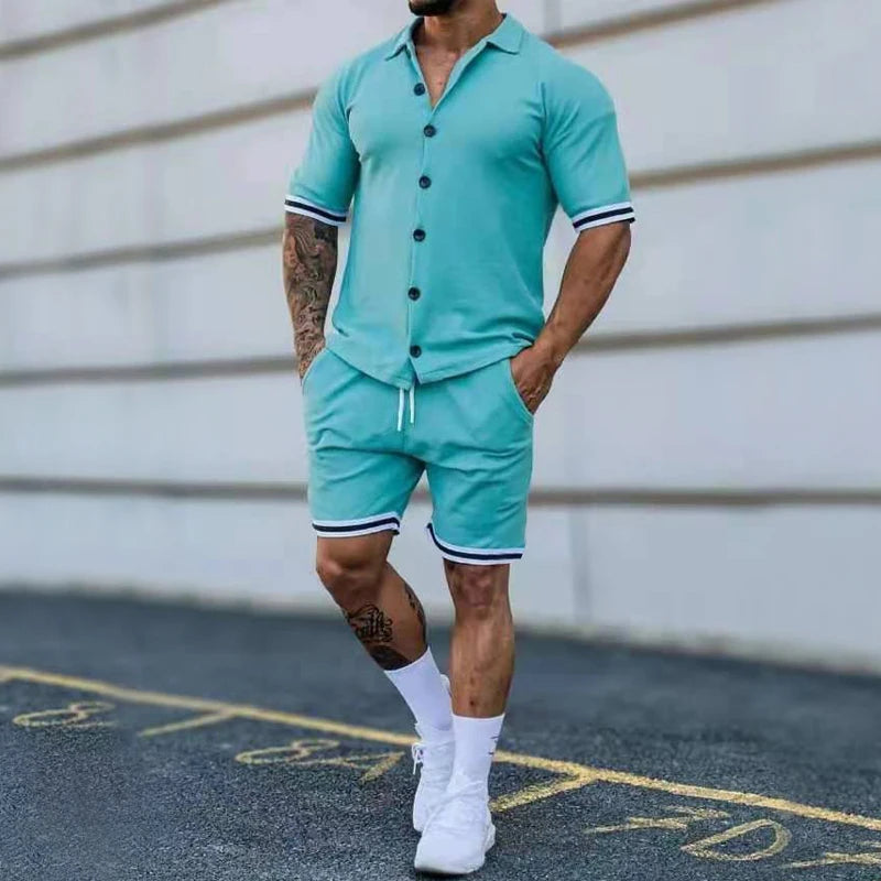 Popular Men's Summer Polo Cardigan Solid Short Sleeve Shorts Two Piece Casual Set LakeBlue