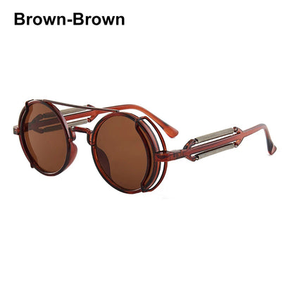 Steampunk Sunglasses Men Women Vintage Metal Round Punk Eyewear Colorful Lens Fashion Sun Glasses Gothic Style UV400 Shades Brown-Brown