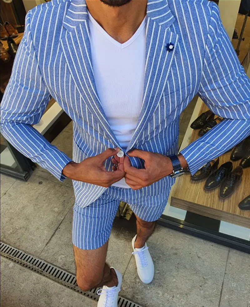 Men's Blazer Suit Set Casual Vertical Stripe Notch Lapel Two Button Blazer & Shorts 2Pcs Set Men's Clothing