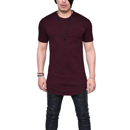 Men T-shirt Solid Color Round Neck Curved Hem Wine Red