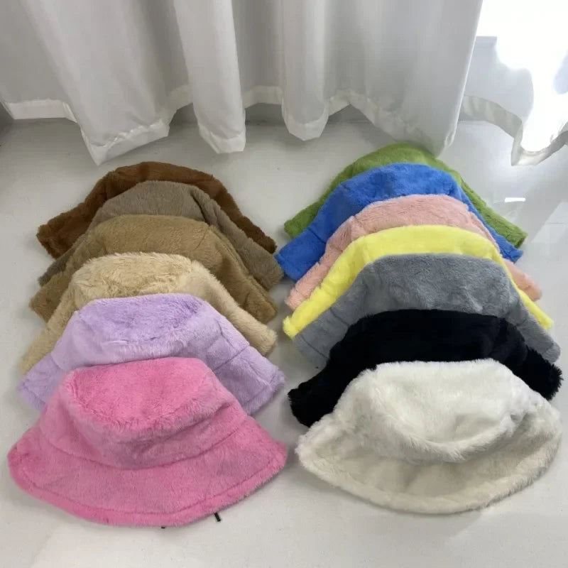 Winter Rabbit Plush Fisherman Hats Colorful Girl Fashion Bucket Hat Warm Windproof Cold-proof Wide Brim Lady Women Artist Cap