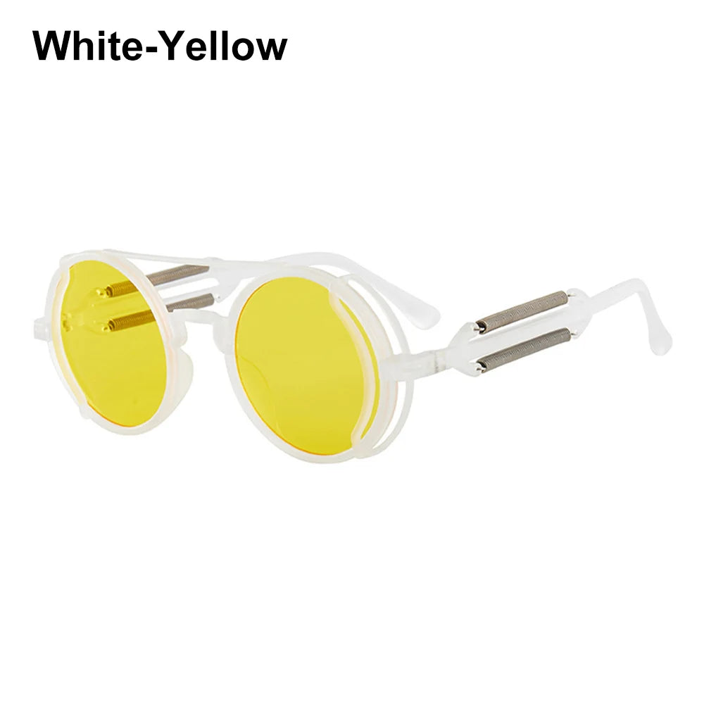 Steampunk Sunglasses Men Women Vintage Metal Round Punk Eyewear Colorful Lens Fashion Sun Glasses Gothic Style UV400 Shades White-Yellow