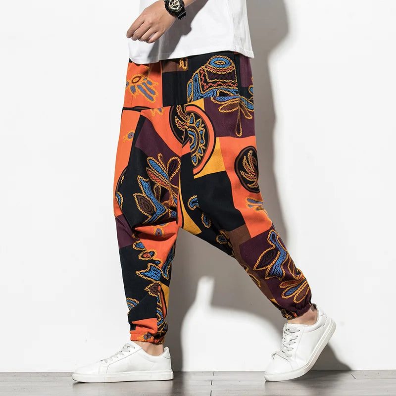 Prints Cotton Joggers Men Baggy Hippie Boho Drop Pants