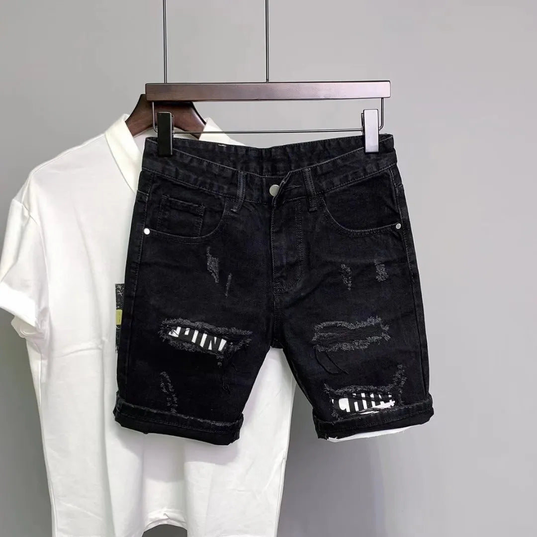 Summer Men's Black Hole Stickers Slim Denim Short Pants Korean Fashion Hip Hop Leggings Harajuku Fashion Men Black Jeans Shorts