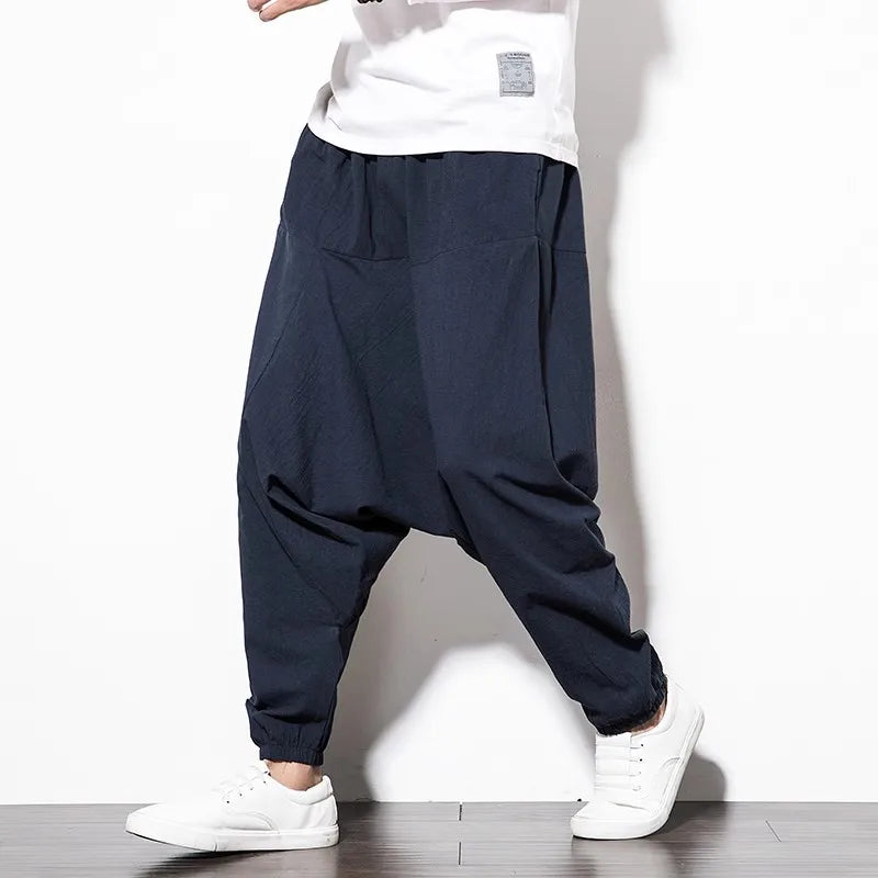 Streetwear Harem Pants Men Hip-hop Drop Crotch Cotton Joggers Wide Leg Pants Trousers Men Chic Loose Pantalones Hombre navy