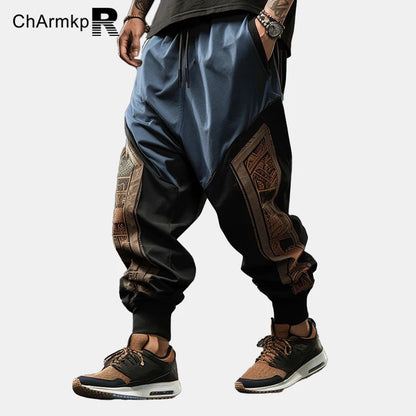 Summer 2024 Long Pants Men Clothing Vintage Ethnic Pattern Patchwork Drawstring Waist Loose Pants Trouser Streetwear Sweatpant Blue