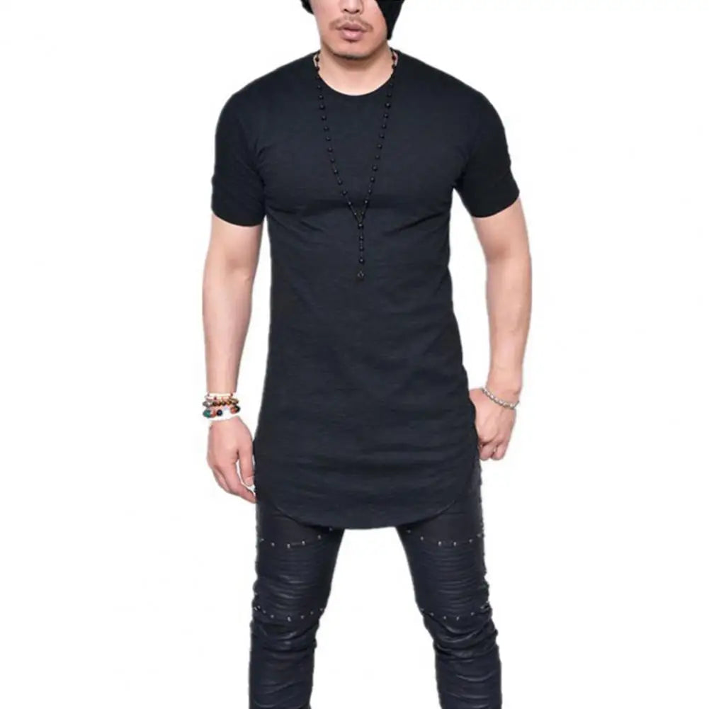 Men T-shirt Solid Color Round Neck Curved Hem Black