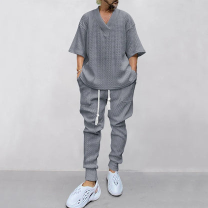 New Casual Loose 7/4 Sleeve Jacquard Knitted Shirt Top Long Pants Men's Set LightGray