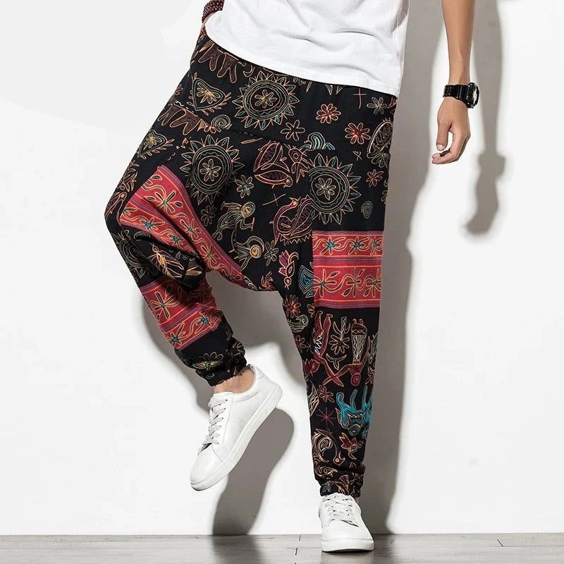 Prints Cotton Joggers Men Baggy Hippie Boho Drop Pants