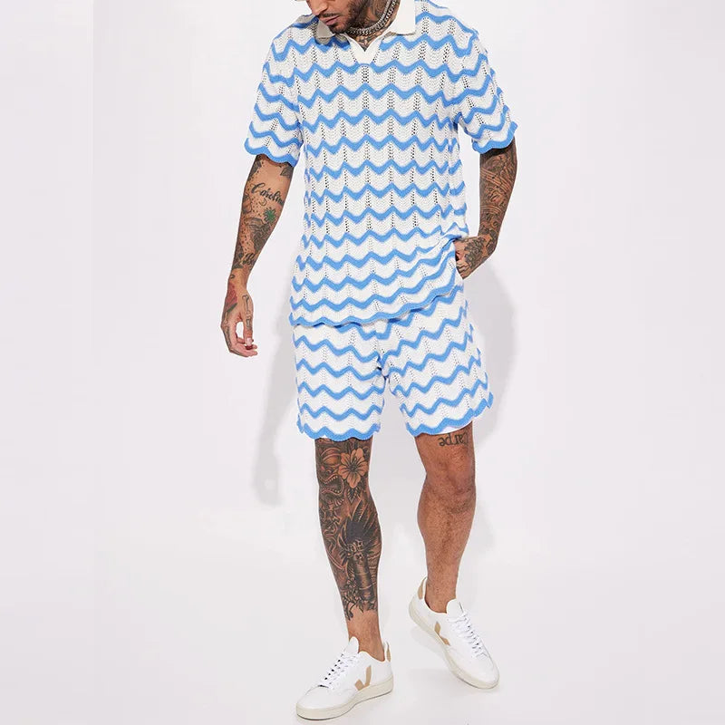 Knitted V-Neck Pullover Shorts Two Piece Set Summer Knitted Short Sleeve Set Mens Fashion Wave Pattern Contrast Sport Casual Set