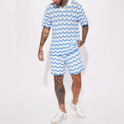 Knitted V-Neck Pullover Shorts Two Piece Set Summer Knitted Short Sleeve Set Mens Fashion Wave Pattern Contrast Sport Casual Set