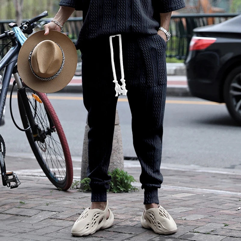 Spring and autumn new men's casual pants loose jacquard knit footband men's sports pants Dark blue CHINA