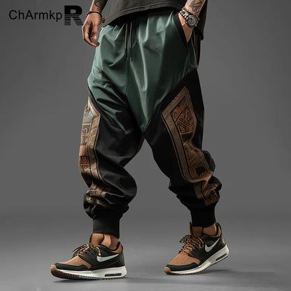 Summer 2024 Long Pants Men Clothing Vintage Ethnic Pattern Patchwork Drawstring Waist Loose Pants Trouser Streetwear Sweatpant