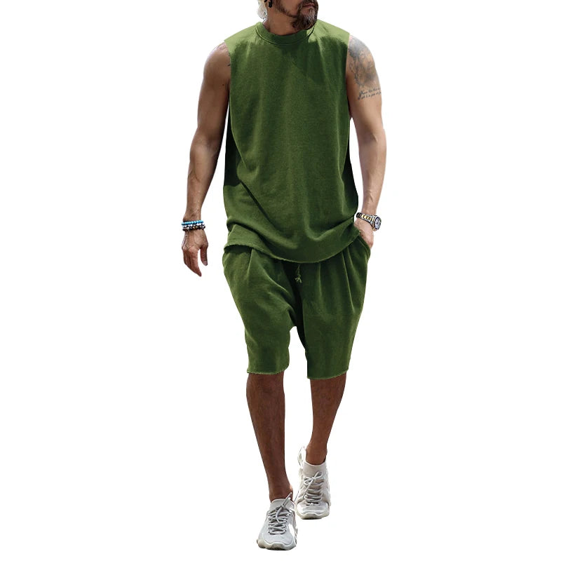 Summer New Sleeveless Sports Set Men's Casual Top Sleeveless Kam Shoulder Shorts Two piece Set for Men ArmyGreen