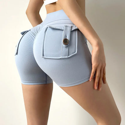 Women Sport Shorts Pockets Gym Sexy High Waist Workout Push Up Booty Scrunch Biker Shorts Pants Fitness Cycling Tights