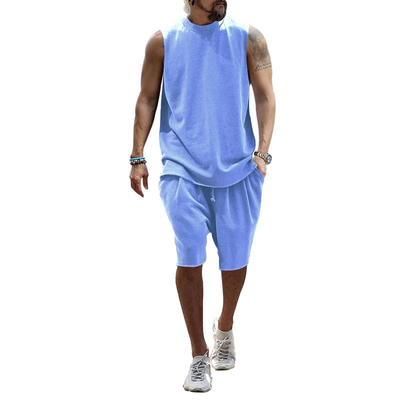 Summer New Sleeveless Sports Set Men's Casual Top Sleeveless Kam Shoulder Shorts Two piece Set for Men LightBlue