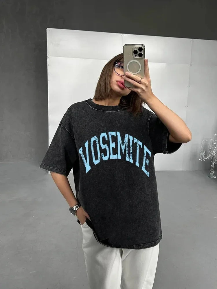 Acid Washed T Shirt Women Vintage Cotton T-shirts Streetwear Soft Mineral Tees Girl Loose Luxury Brand Tops Y2k Silver