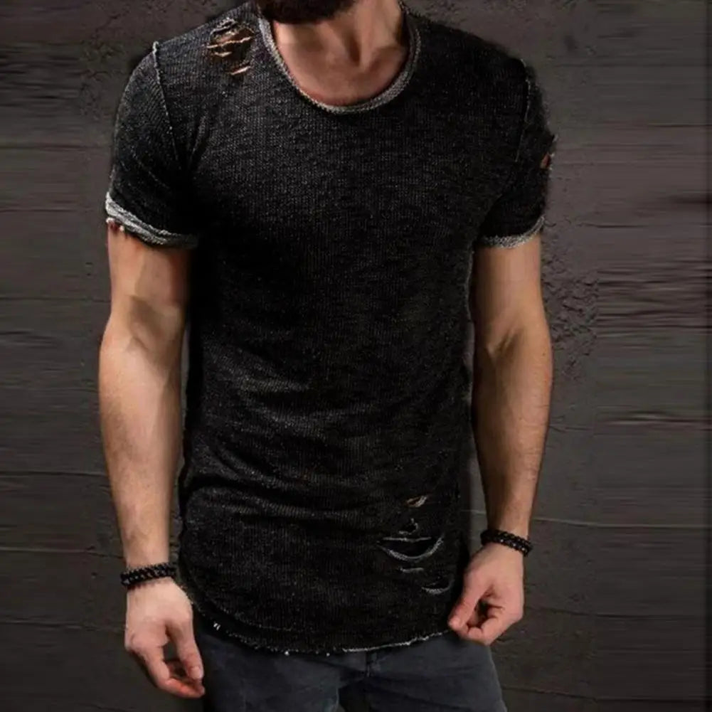 Cotton Blend Stylish Hole Design Top Pullover Cloth Men Shirt Solid Color