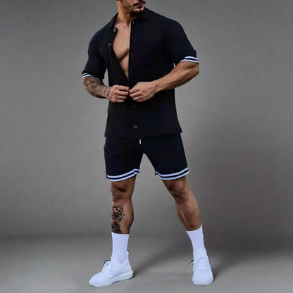 Popular Men's Summer Polo Cardigan Solid Short Sleeve Shorts Two Piece Casual Set Black