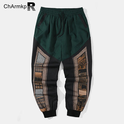 Summer 2024 Long Pants Men Clothing Vintage Ethnic Pattern Patchwork Drawstring Waist Loose Pants Trouser Streetwear Sweatpant Green