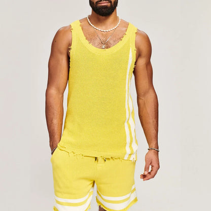 Men's Suit Two-piece Sets Knitted Sleeveless Tank Top Shorts Casual Sports Fashion Suit Streetwear Men's Fashion Tracksuit Yellow stripe