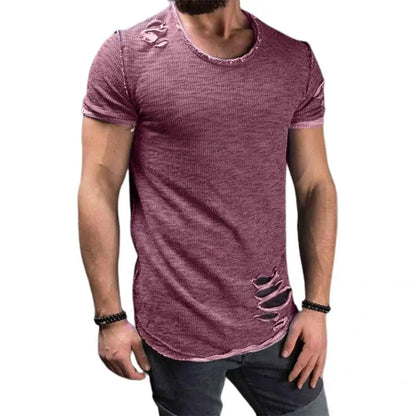 Cotton Blend Stylish Hole Design Top Pullover Cloth Men Shirt Solid Color