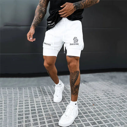 NEW 2 IN 1 Sport Running Casual Breathable Shorts Men Double-deck Jogging Quick Dry GYM Shorts Fitness Workout Men Shorts white