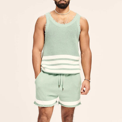 Men's Suit Two-piece Sets Knitted Sleeveless Tank Top Shorts Casual Sports Fashion Suit Streetwear Men's Fashion Tracksuit Green stripe