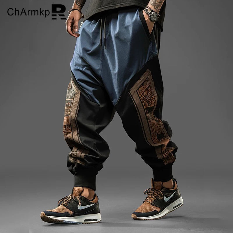 Summer 2024 Long Pants Men Clothing Vintage Ethnic Pattern Patchwork Drawstring Waist Loose Pants Trouser Streetwear Sweatpant