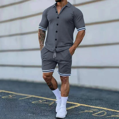 Popular Men's Summer Polo Cardigan Solid Short Sleeve Shorts Two Piece Casual Set Dark Grey