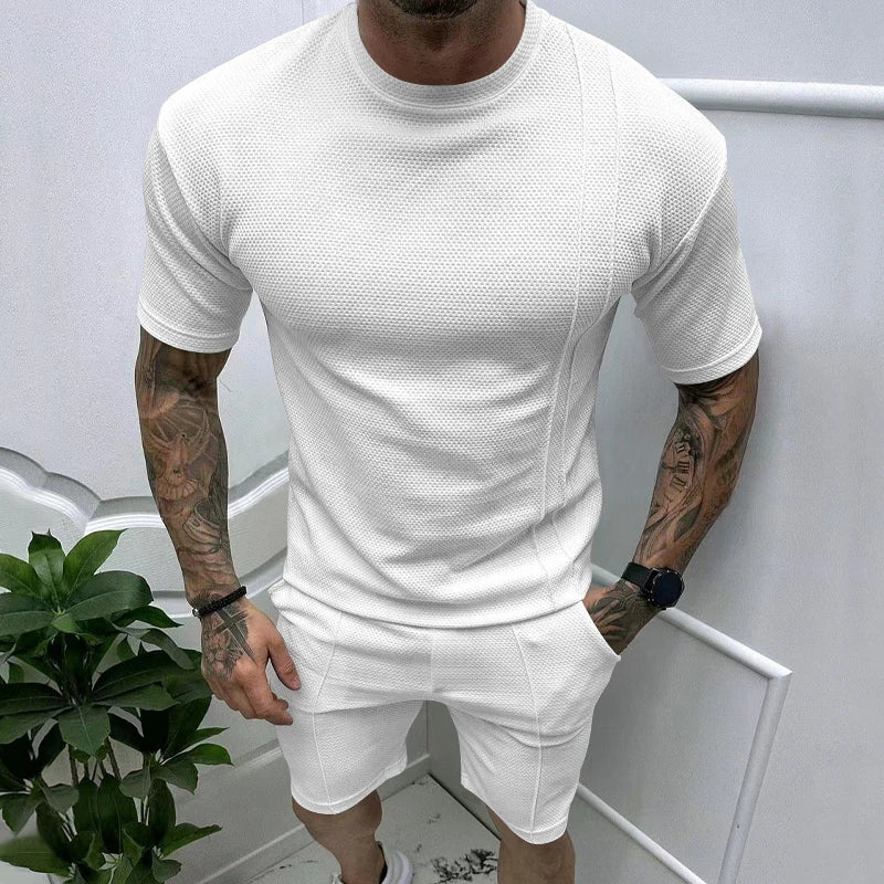 Summer New Men's Pullover Round Neck T-shirt Sports Casual Top Men's Short sleeved Shorts Set white