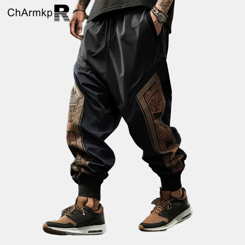 Summer 2024 Long Pants Men Clothing Vintage Ethnic Pattern Patchwork Drawstring Waist Loose Pants Trouser Streetwear Sweatpant Black