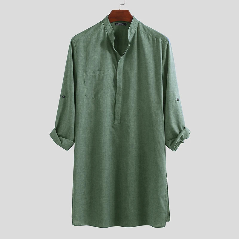 INCERUN Men Shirt Solid Color Stand Collar Long Loose Vintage Casual Tops Indian Clothes Camisa Sleeve Men Long Shirts 2023 5XL