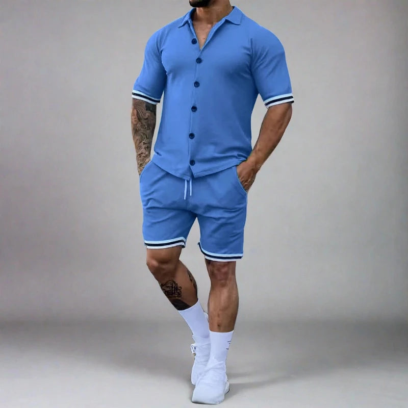 Popular Men's Summer Polo Cardigan Solid Short Sleeve Shorts Two Piece Casual Set