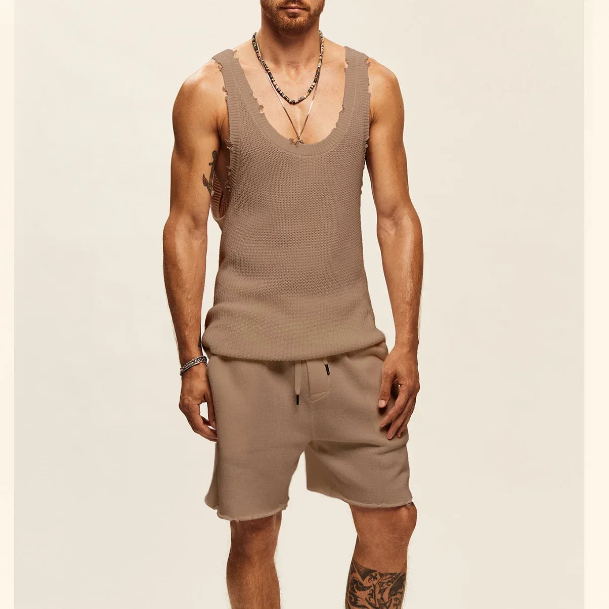 Men's Suit Two-piece Sets Knitted Sleeveless Tank Top Shorts Casual Sports Fashion Suit Streetwear Men's Fashion Tracksuit Dark Brown