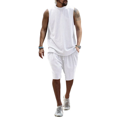 Summer New Sleeveless Sports Set Men's Casual Top Sleeveless Kam Shoulder Shorts Two piece Set for Men white