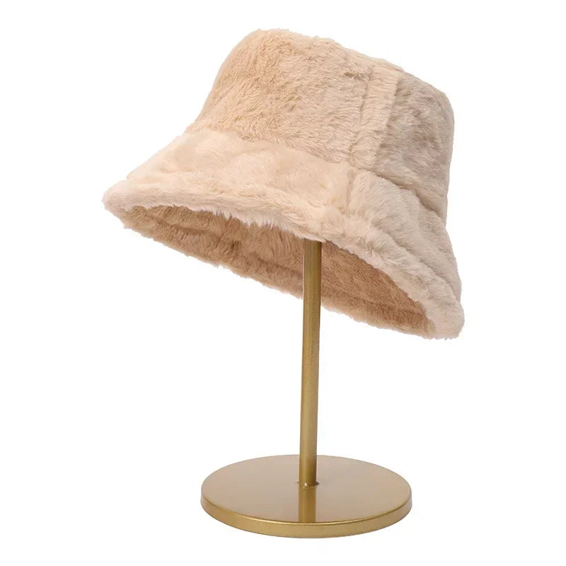 Winter Rabbit Plush Fisherman Hats Colorful Girl Fashion Bucket Hat Warm Windproof Cold-proof Wide Brim Lady Women Artist Cap beige