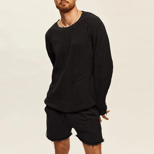 Casual Knitwear Men Two Piece Sets Long Sleeve O Neck Tops and Shorts Black