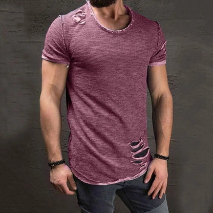 Cotton Blend Stylish Hole Design Top Pullover Cloth Men Shirt Solid Color