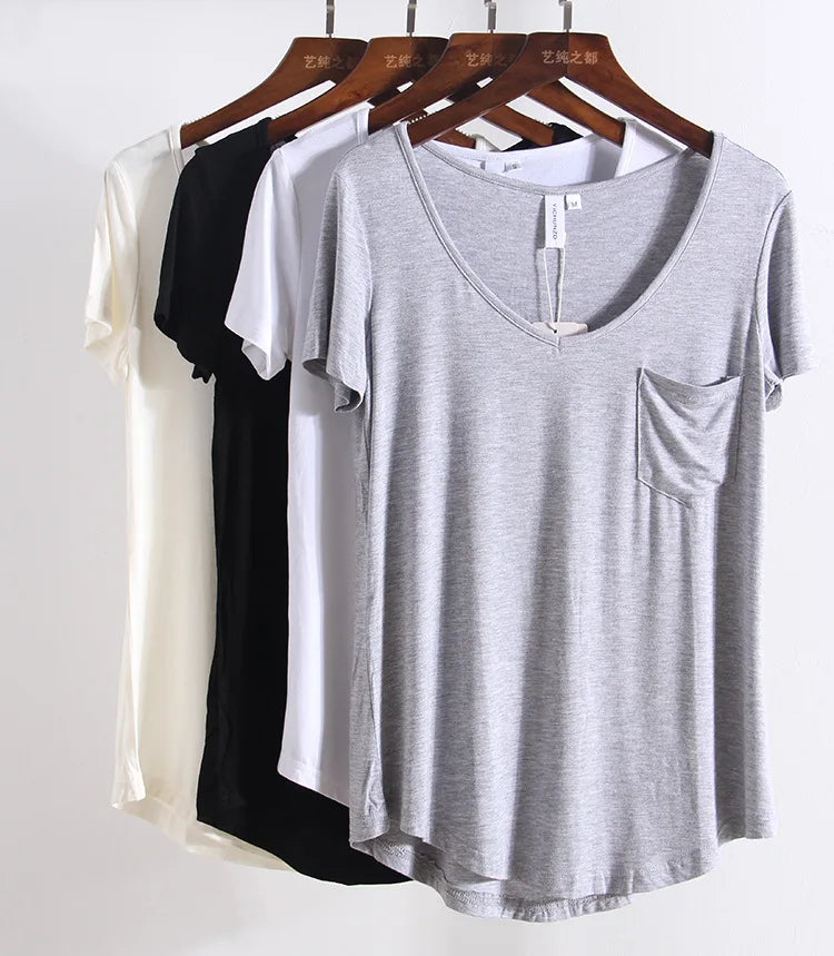 Modal Pocket Summer Tees Women Black/Gray/White/Beige Short Sleeve Loose V-neck Pure Color Soft T-shirt Female