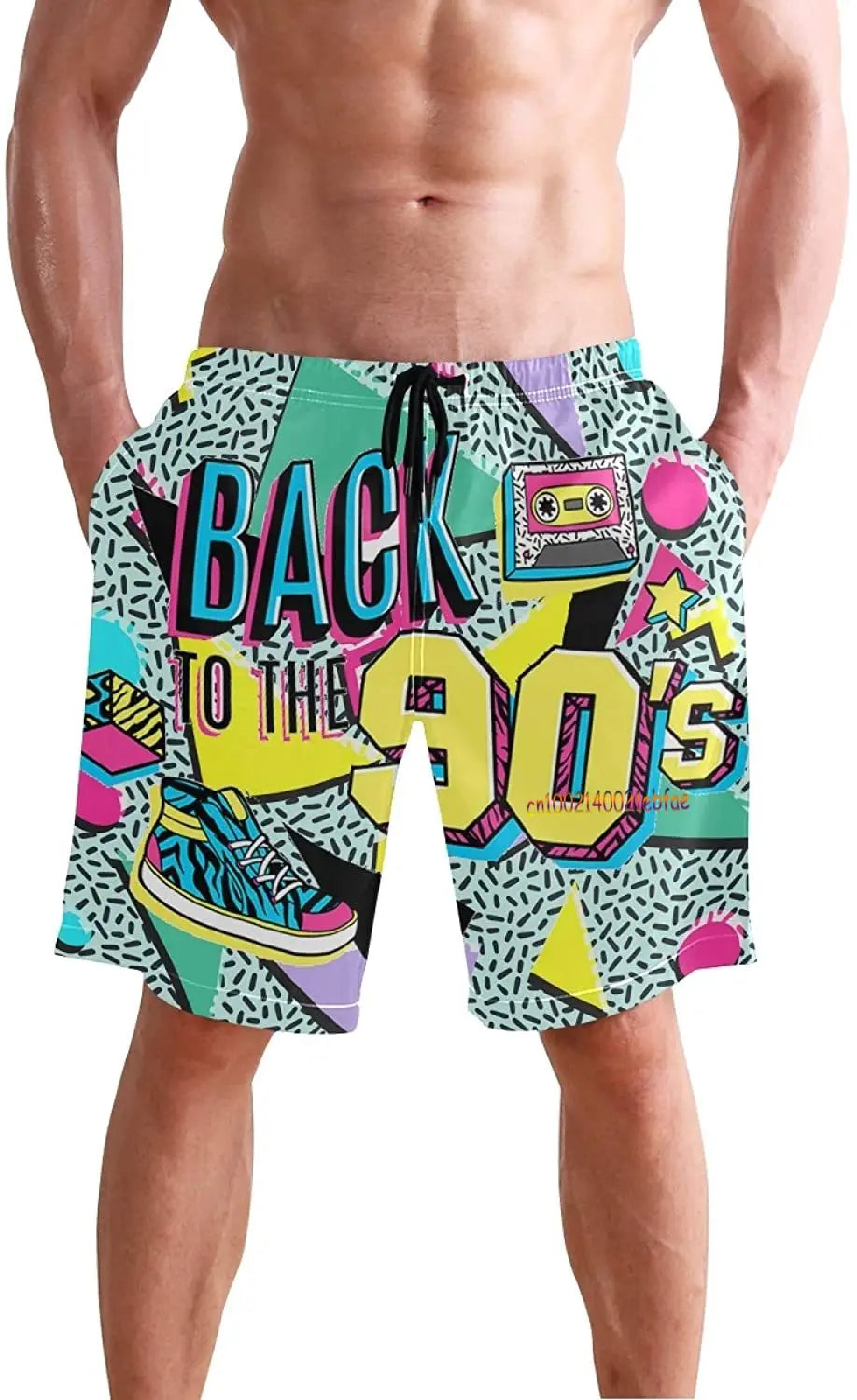 Funny Retro 80s 90s Icons Mens Swim Trunks Quick Dry Beach Board Shorts Summer Surf Boardshorts with Side Pockets High Quality