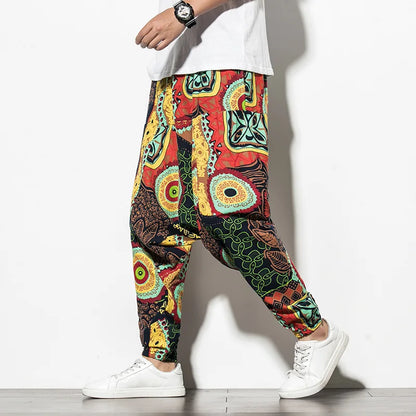 Prints Cotton Joggers Men Baggy Hippie Boho Drop Pants Yellow