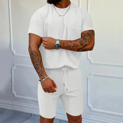 Cross-border summer European and American trend waffle round neck pocket short-sleeved shorts suit casual sports suit for m WHITE