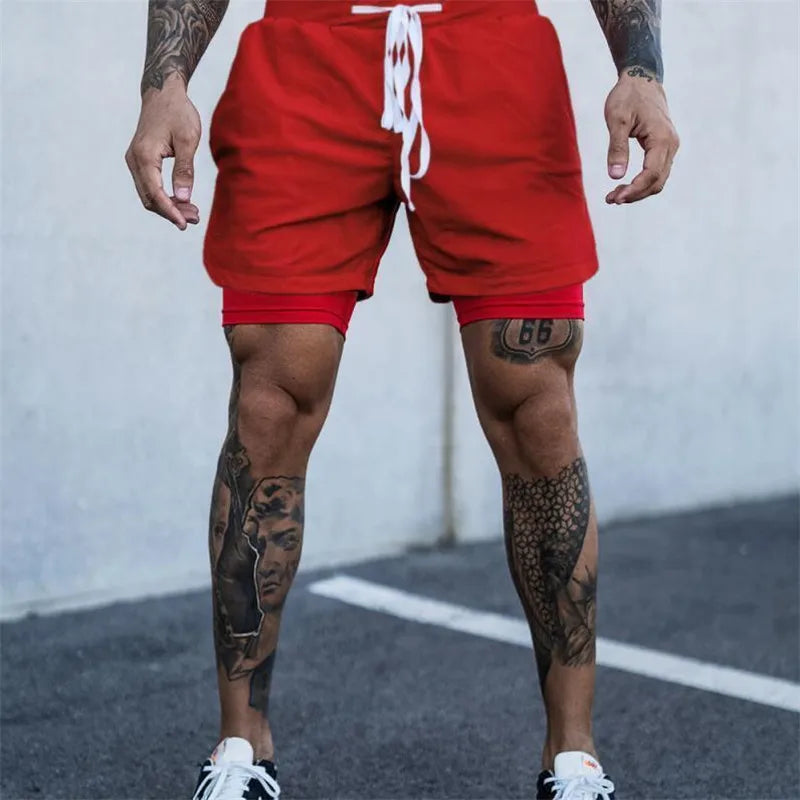 NEW 2 IN 1 Sport Running Casual Breathable Shorts Men Double-deck Jogging Quick Dry GYM Shorts Fitness Workout Men Shorts Red no logo