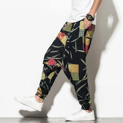 Prints Cotton Joggers Men Baggy Hippie Boho Drop Pants Green