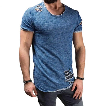 Cotton Blend Stylish Hole Design Top Pullover Cloth Men Shirt Solid Color Blue