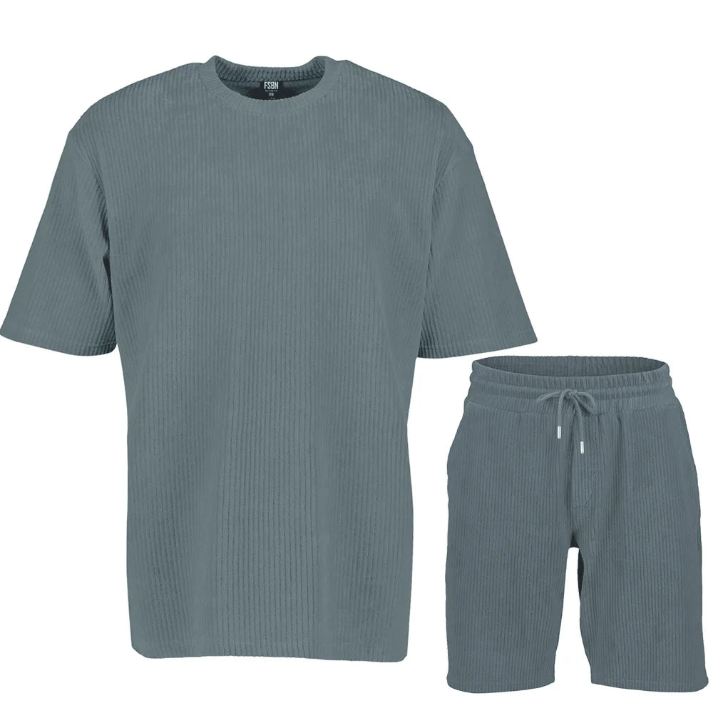 Summer Men's Striped Suit Loose Crew Neck Short-sleeved T-shirt And Shorts Solid Color Sports Casual Two-piece Set grey