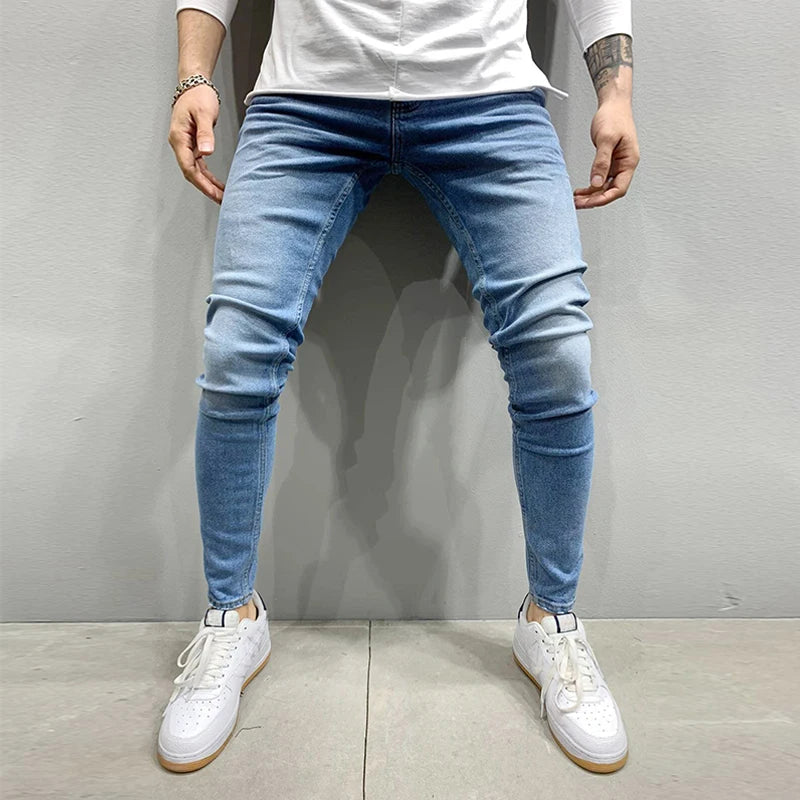 Men's Stretchy SKinny Jeans Solid Color Slim Fit Casual Pants light blue CHINA